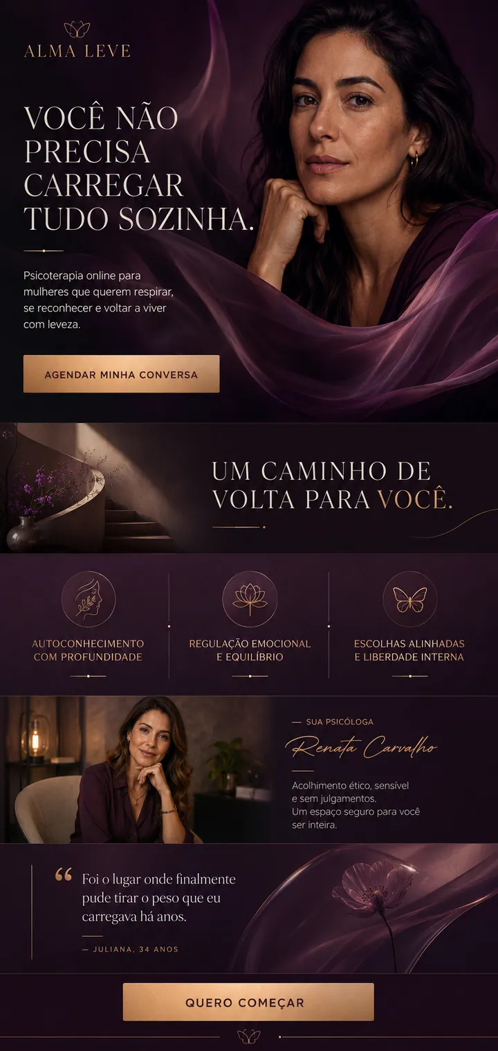 Landing page mobile da ALMA LEVE, criada com o método Land-IA