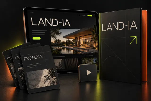 Mockup do kit digital Land-IA: coleção de prompts, aulas em vídeo e materiais de apoio para criar landing pages